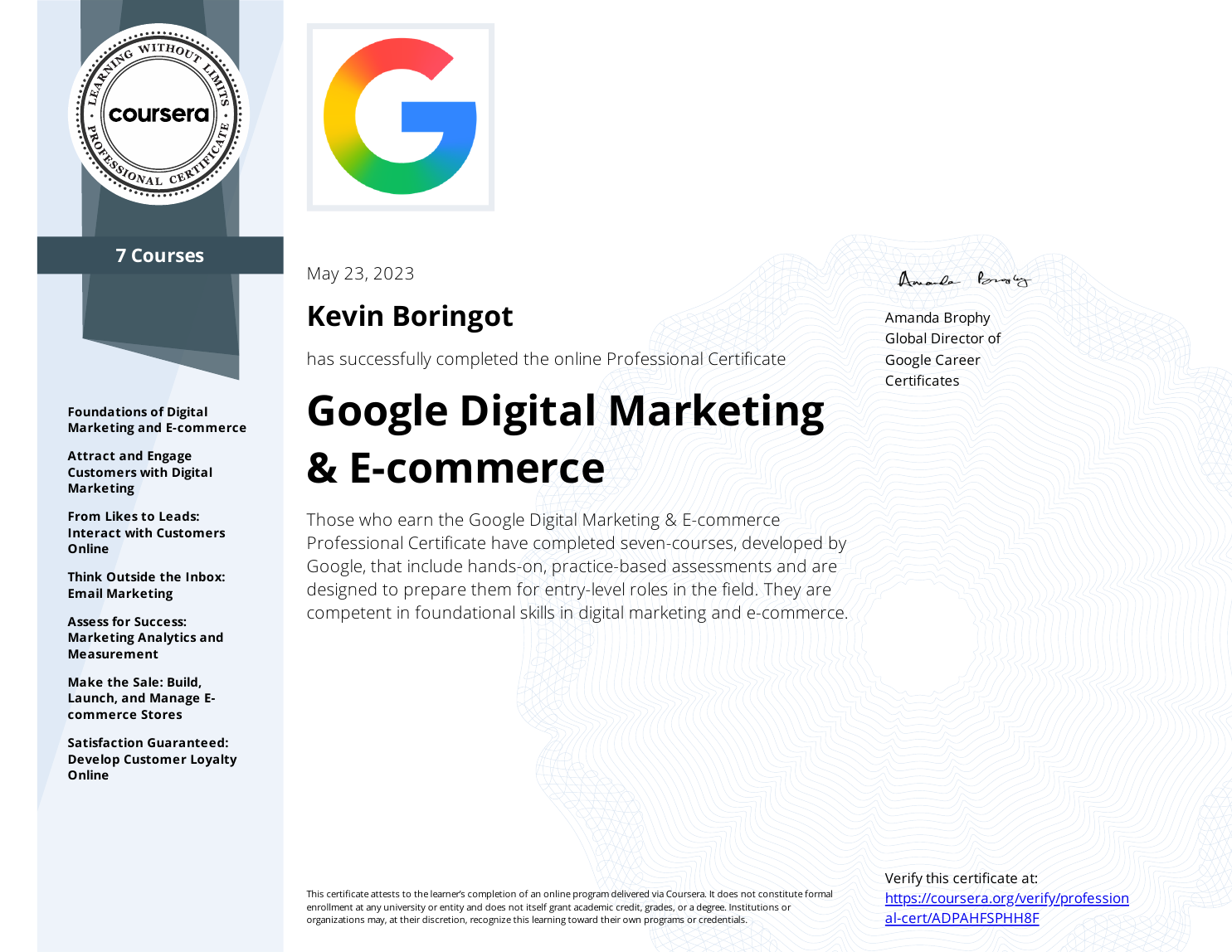 Google Digital Marketing and E-commerce Professional Certificate awarded to Kevin Boringot