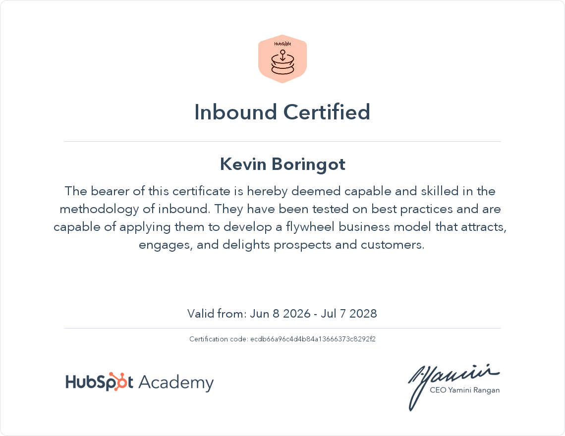 HubSpot Academy Inbound Certification awarded to Kevin Boringot