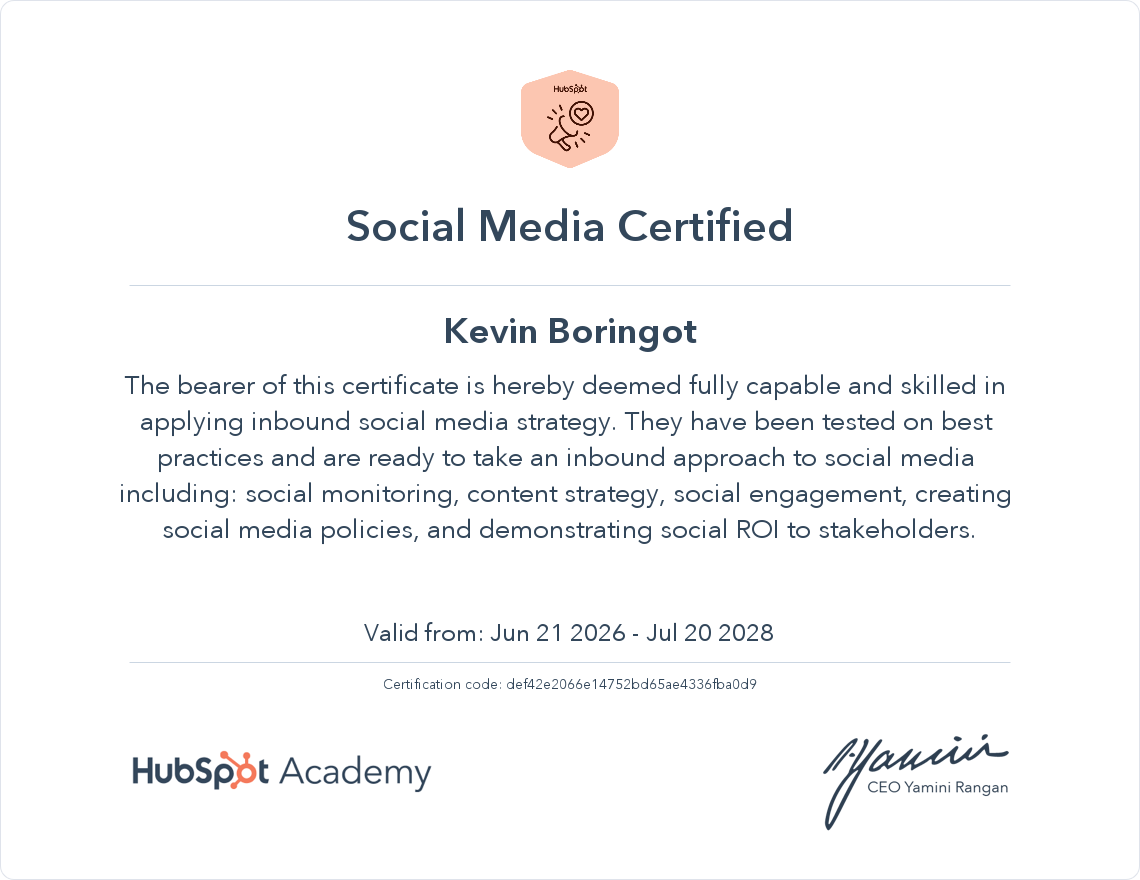 HubSpot Academy Social Media Certification awarded to Kevin Boringot
