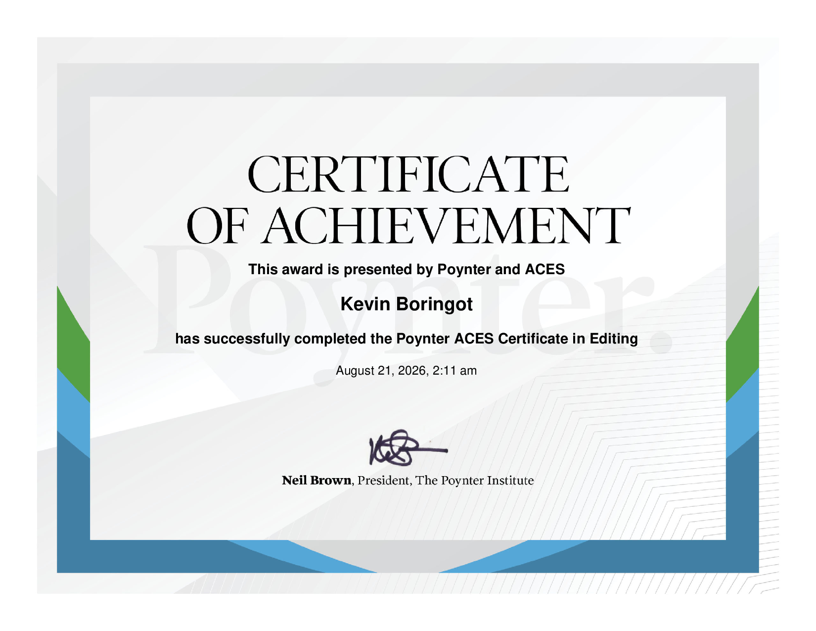 Poynter ACES Certificate in Editing awarded to Kevin Boringot